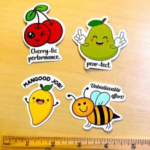 5 for $10: 4 Pun Fun Stickers: Bee + Fruits! 🐝 🍐 🍒 🥭 WATERPROOF!